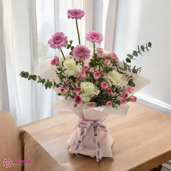 pink gerbera daisies, white roses